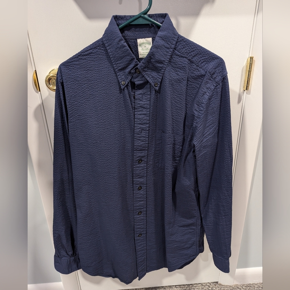 Last chance before I give away: Brooks Brothers Navy Blue Seersucker LS shirt